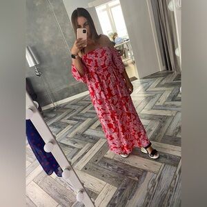 Red and Pink Strapless Dress